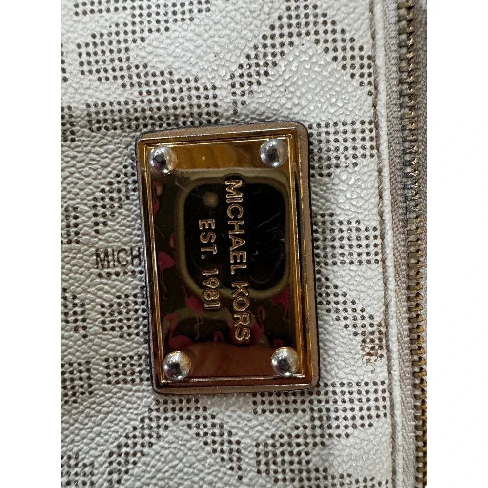 Michael Kors Signature Monogram Wristlet Clutch Cream Beige Gold Tone Hardware